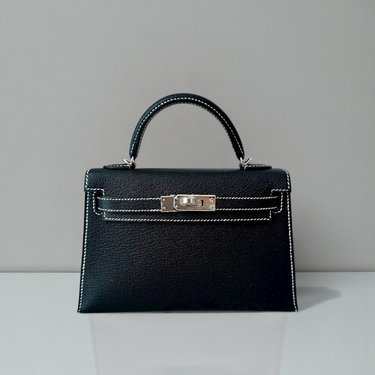 Hermès Mini Kelly 20 Black Chèvre/ Gris Perle Palladium Hardware Special Order